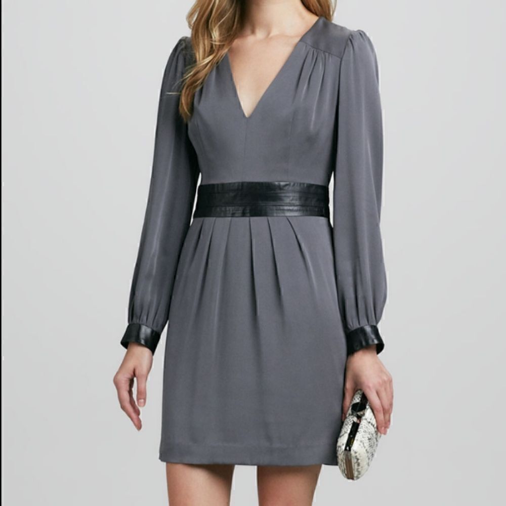 Milly Ellena leather trim silk Charmeuse gray/black dress size 10
